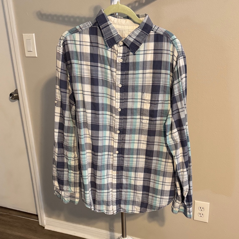 Merona Men's Navy, White & Light Blue Plaid Button-Down Shirt